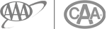 The image shows two gray logos: on the left, AAA with an orbital path; on the right, CAA inside an oval.