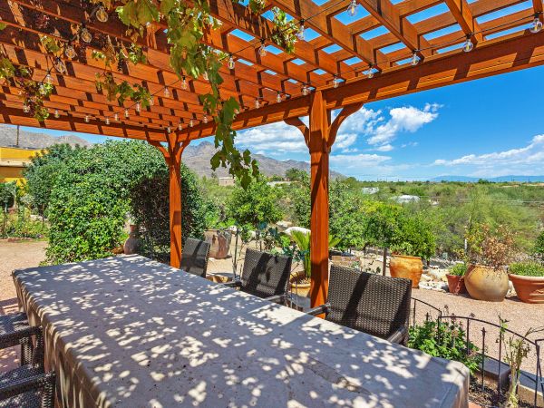A large outdoor table under a pergola with vine plants, surrounded by greenery and a scenic mountain view.