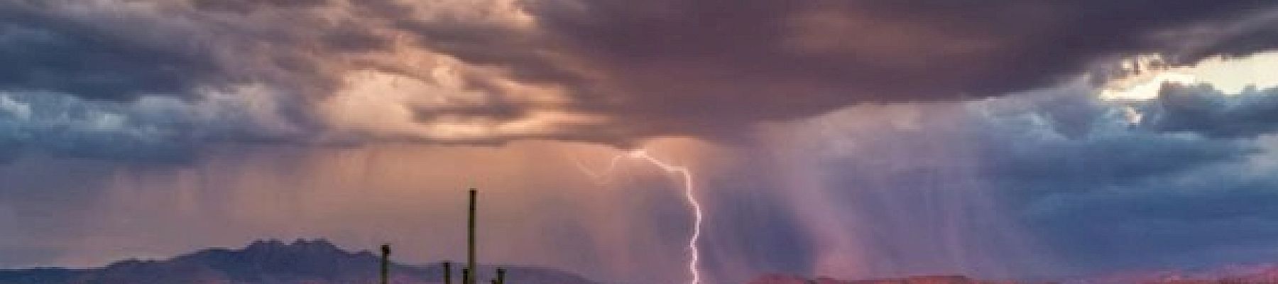 A desert landscape with cacti, under a dramatic sky with dark clouds and a bolt of lightning striking in the distance.