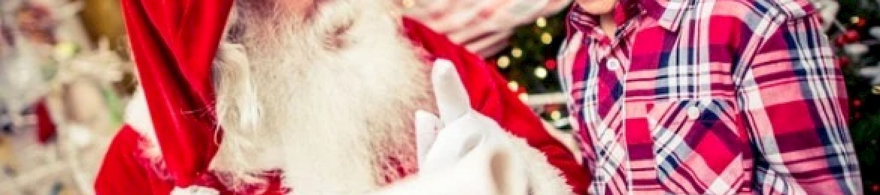 A person dressed as Santa Claus is holding a list, and a smiling child in a plaid shirt is looking at it while sitting in a festive Christmas setting.