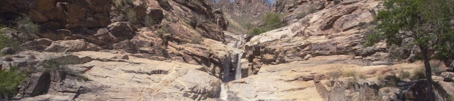A scenic view of a rocky waterfall surrounded by desert terrain, cacti, and a serene pool of water under a clear blue sky.