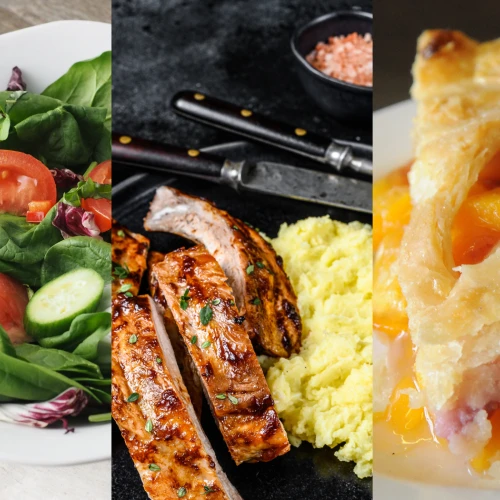 The image shows a salad, grilled meat with mashed potatoes, and a slice of pie.