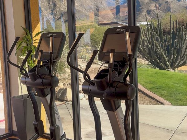 A gym corner with two treadmills by large glass doors, desert mountains outside, and sunny blue sky. A peaceful workout view.