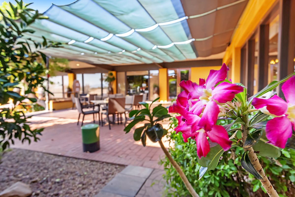 A covered outdoor patio with seating is seen, featuring vibrant pink flowers in the foreground and shaded by a fabric canopy.