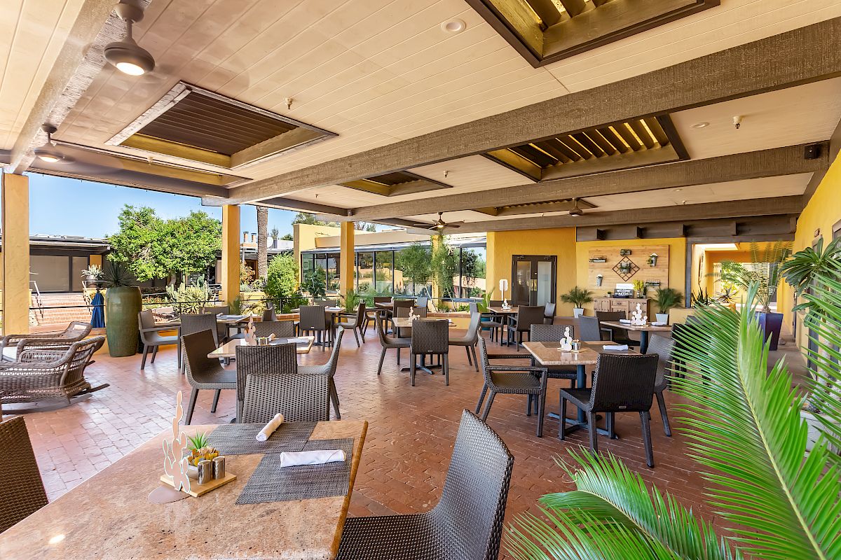 An outdoor patio of a restaurant with tables and chairs, surrounded by plants and covered by a roof, featuring an inviting and sunny atmosphere.