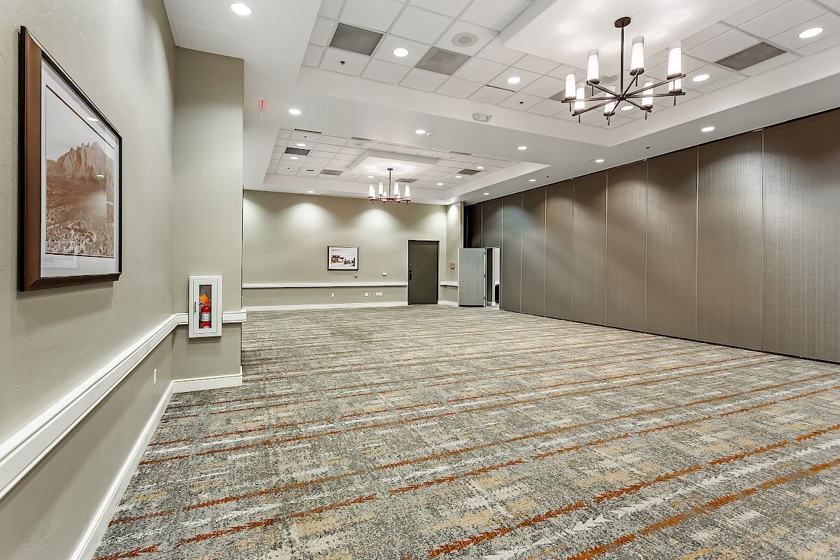 The image shows an empty, well-lit conference room with a patterned carpet, chandeliers, a framed photo on the wall, and folding partition doors.