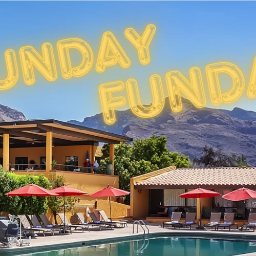 A sunny resort scene with mountains, pool, and seating. "Sunday Funday" in neon letters overlays the image.