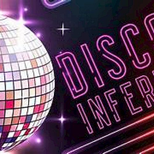 A shiny disco ball with neon lights and the words "Disco Inferno" in bold, colorful letters against a dark background.