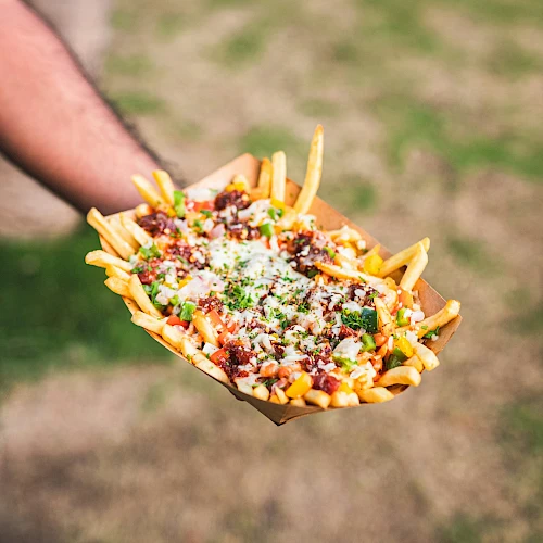 A hand holds a tray of loaded fries topped with cheese, bacon bits, and green onions over a grassy background.