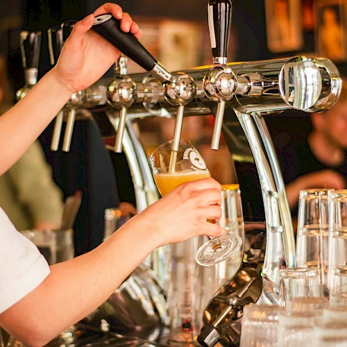 A person is pouring draft beer into a glass at a bar, with rows of empty glasses visible in the foreground.