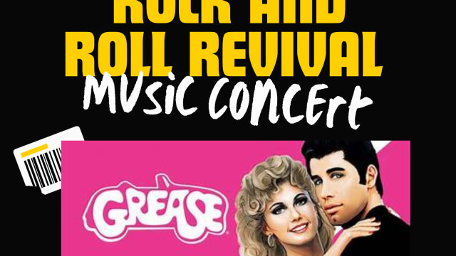 The image is a "Rock and Roll Revival Music Concert" poster featuring references to "Grease" with a ticket illustration.