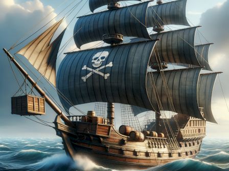 A pirate ship with black sails and a skull-and-crossbones flag sails rough seas; wooden hull, cannon ports, and stormy sky.