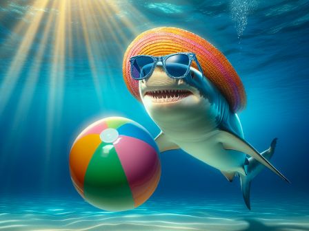 A shark wearing sunglasses and a straw hat chases a colorful beach ball underwater, sun rays piercing the water.