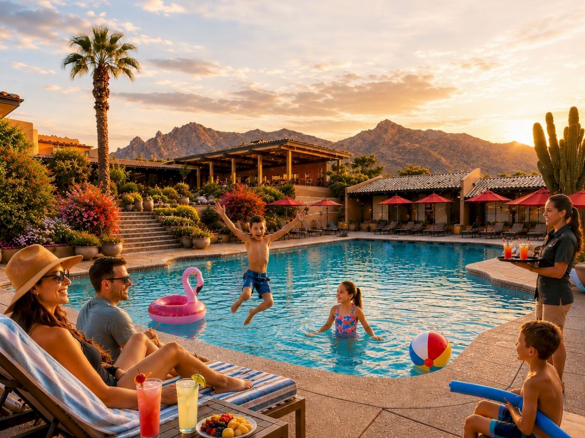 A family splashes in a resort pool at sunset, surrounded by colorful float toys, lounge chairs, and desert cacti views.