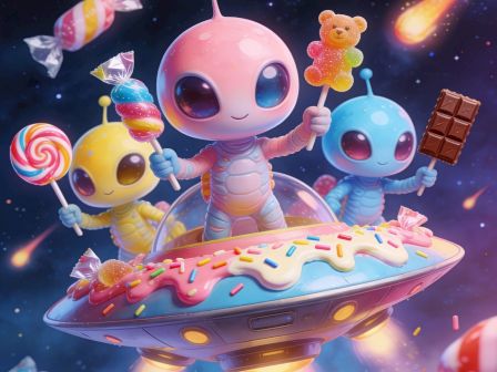 Cute aliens in a candy-coated space ship with lollipops, chocolate, and stars behind them, a sweet, whimsical cosmic adventure.